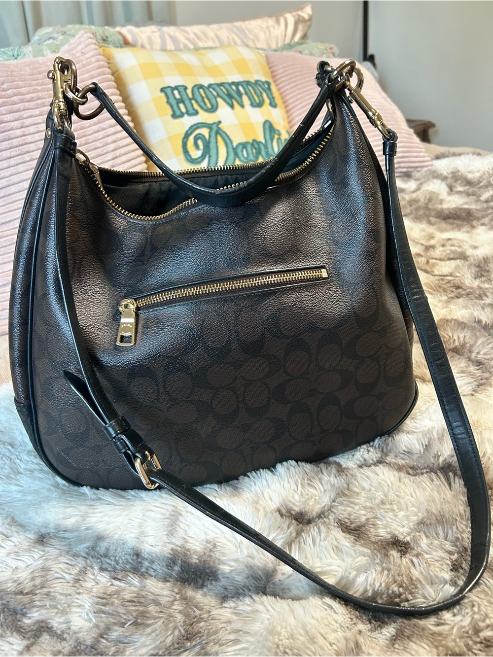 Coach Signature Brown & Black Crossbody Hobo Bag F58328 Gold Hardware - Picture 8 of 9